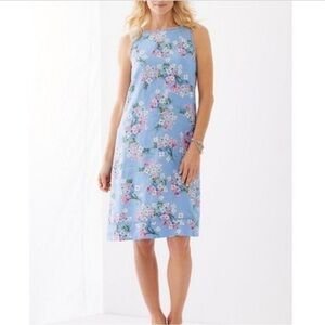 J. Jill Watercolor Floral Blue Pink White Linen Dress Lattice Trim